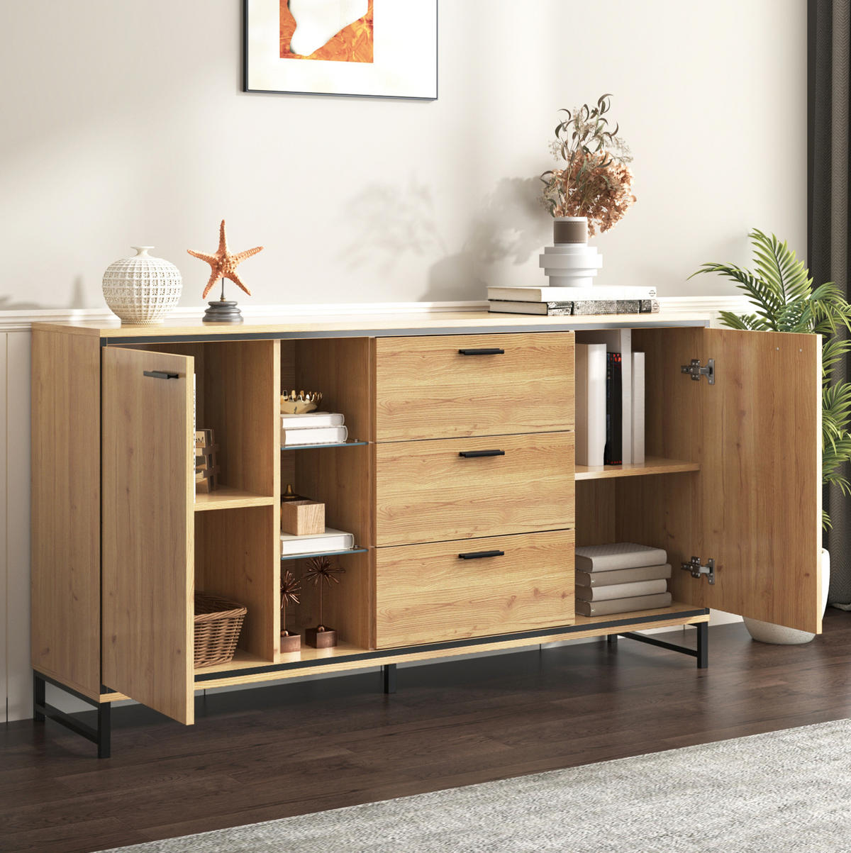 SIDEBOARD 160/40/85 cm mit 3 Schubladen, LED-Beleuchtung & Glas-Elementen - Naturfarben, Holzwerkstoff (160/85/40cm) - BEAOK