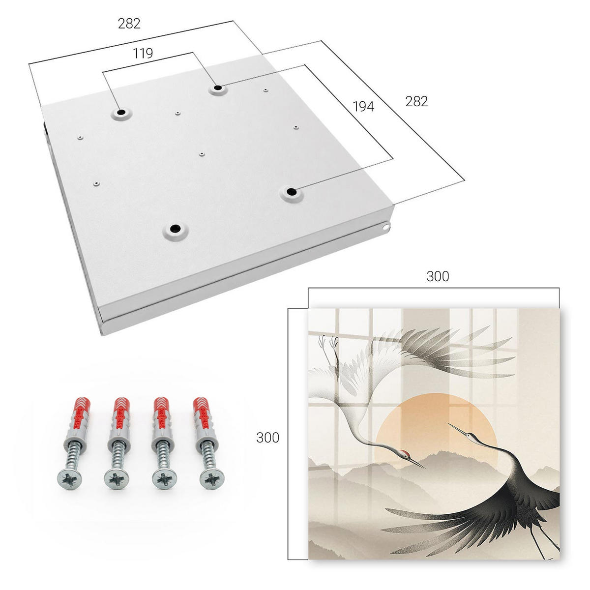 SCHLÜSSELBOX Weiß 30x30 cm – Türöffnung nach rechts - Japanische Kraniche vor dem Hintergrund der aufgehenden Sonne - Grau, Metall (30/30/5cm) - TULUP