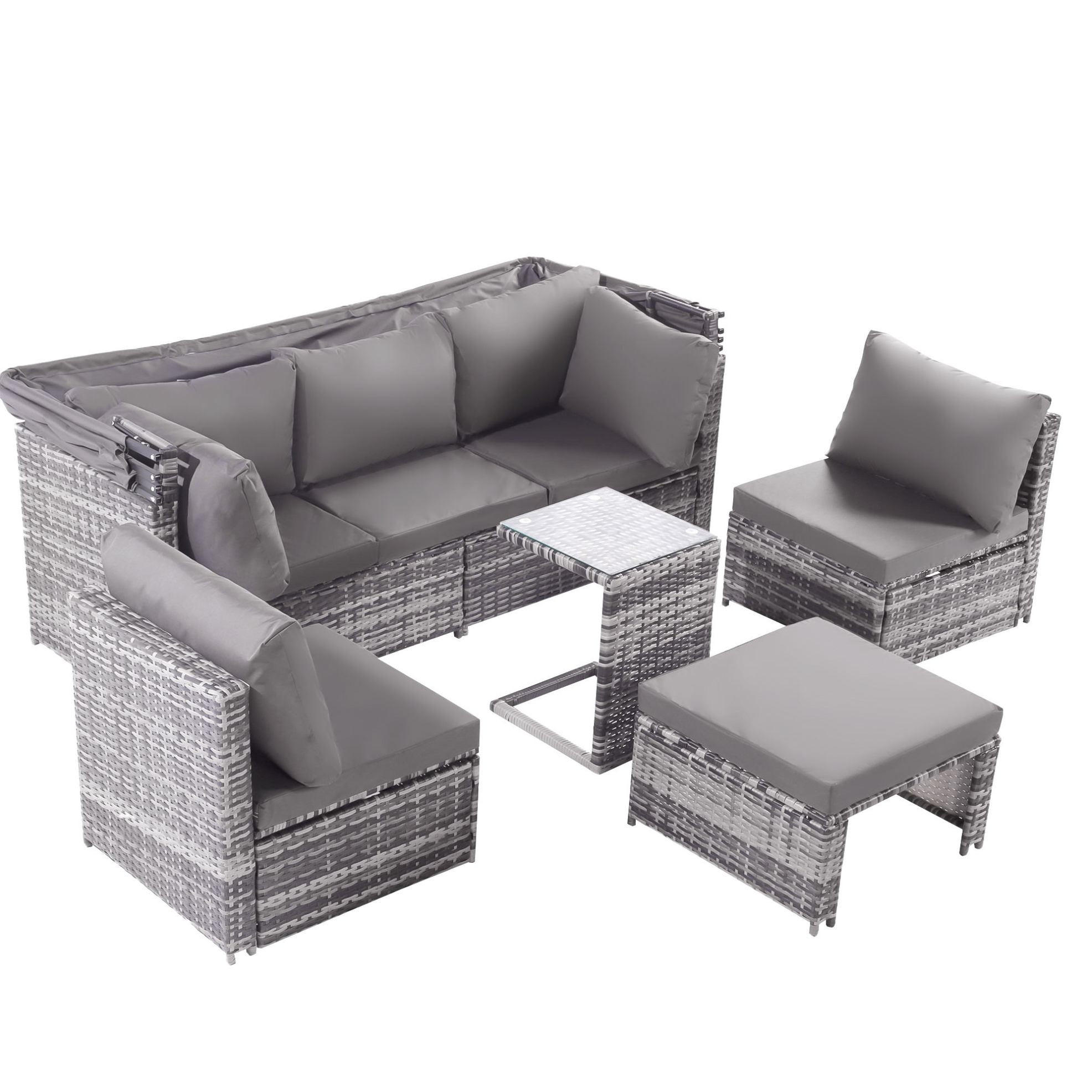 GARTENLOUNGE-SET 194/70/157 cm mit versenkbarem Sonnendach, modularen Elementen und Beistelltisch aus Polyrattan, Grau - Grau, Kunststoff - Redom