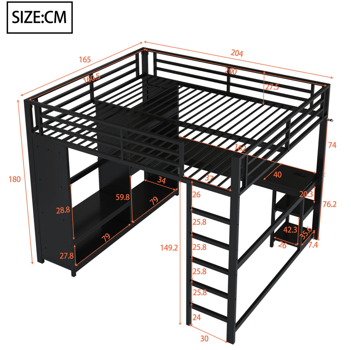 HOCHBETT 160/200 cm Schwarz aus Metall mit Schreibtisch und Stauraum - Schwarz, Metall (160/200cm) - OKMYHOME