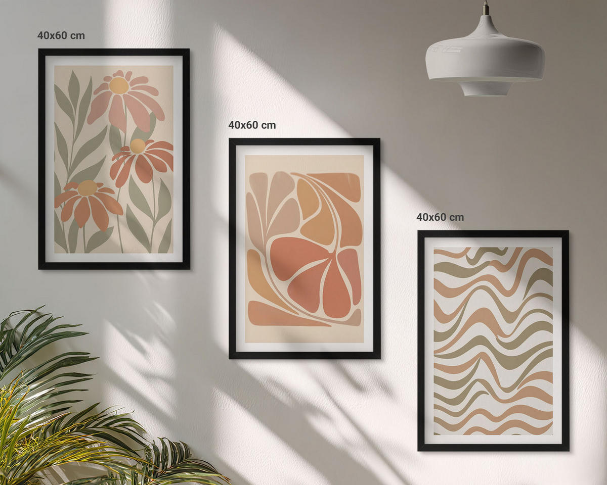 BILDER SET 3er Set - 40x60 cm Schwarzer Rahmen - Abstrakte Pastellblumen - Schwarz, Kunststoff (40/60cm) - TULUP