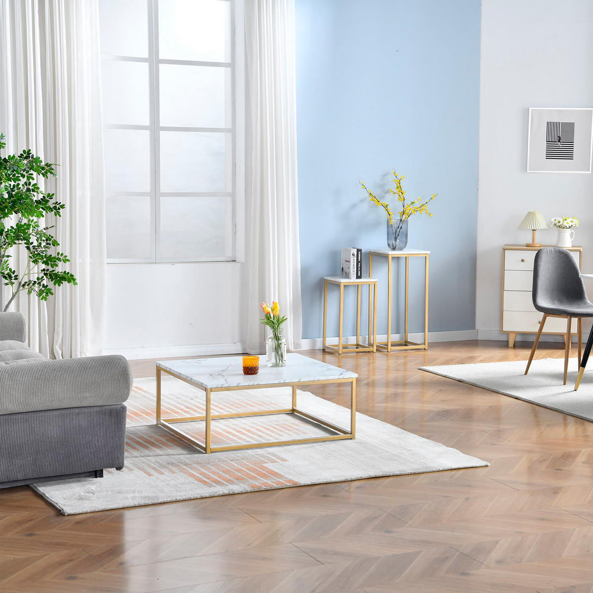 QUADRATISCHER Couchtisch mit Marmoroptik, Metallgestell, 80 x 80 x 34 cm, Weiß und Gold - Hellgelb/Weiß, Metall (80/80/34cm) - Meubles Cosy