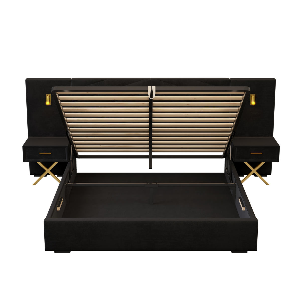 POLSTERBETT 160/200 cm Schwarz mit 2 Bettbänke und 2 LED-Leuchten - Schwarz, Holz (160/200cm) - Oxeza