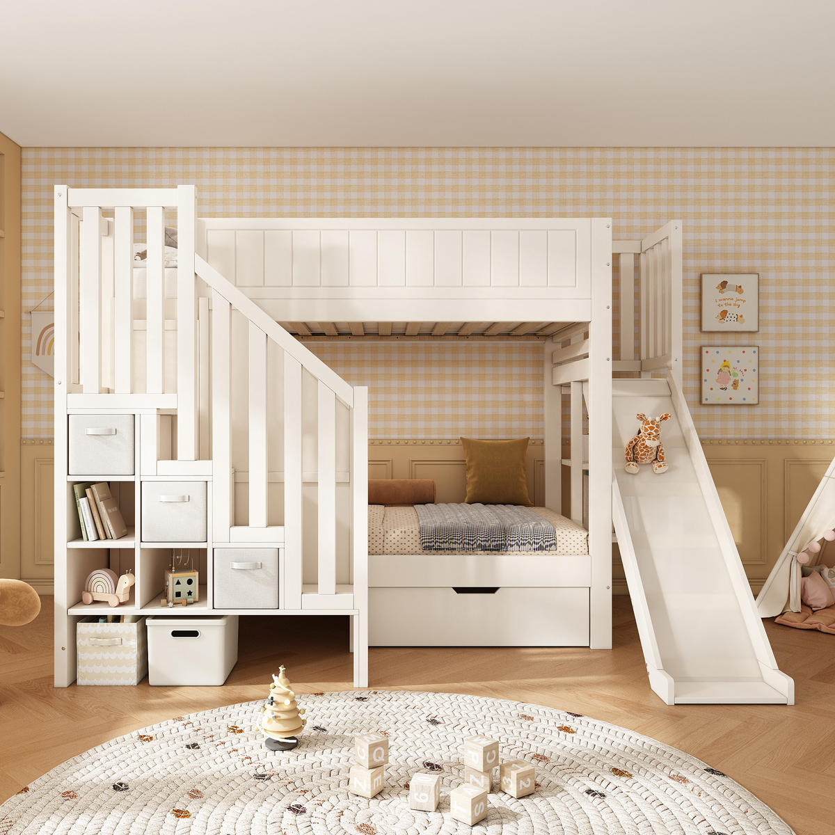 ETAGENBETT 90/200 cm mit Rutsche, Leiterschrank, Regalen und Schubladen, Weiß - Weiß, Holzwerkstoff (90/200cm) - Redom