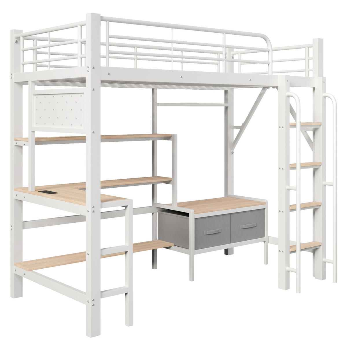HOCHBETT 90x200cm, Eisen, Lochwand, Regale, Schubladen, Schreibtisch, USB, LED, Geländer, ohne Matratze, Weiß - Weiß, Holzwerkstoff (90/200cm)