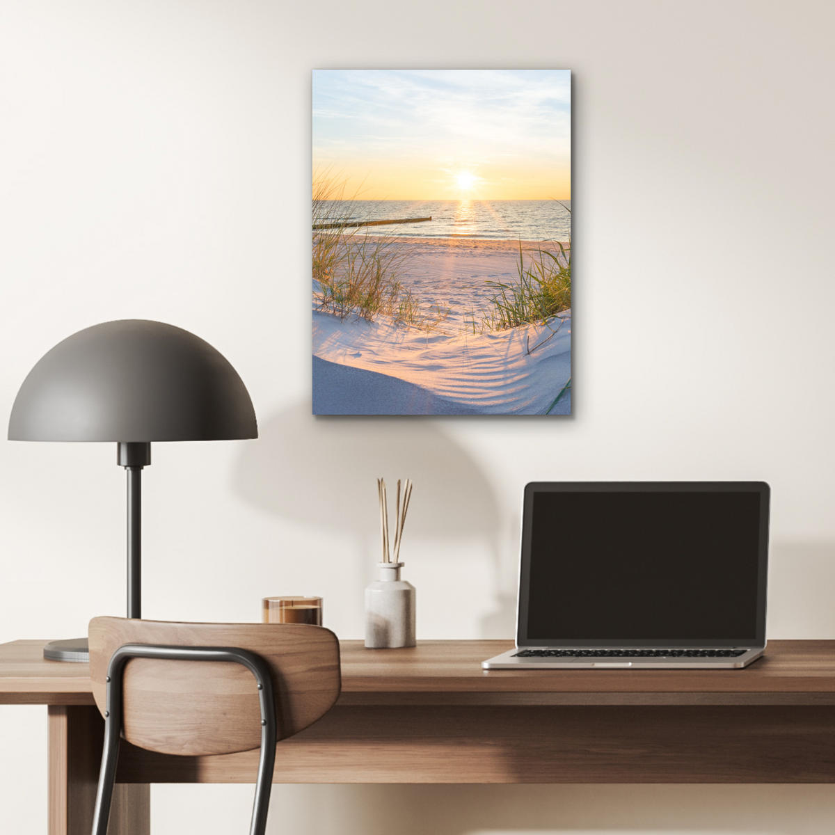 KOVOVÝ OBRAZ Pláž - Slnko - Duny - Tráva - Piesok - Horizont 30x40 cm - svetlomodrá, kov (30/40cm) - MuchoWow
