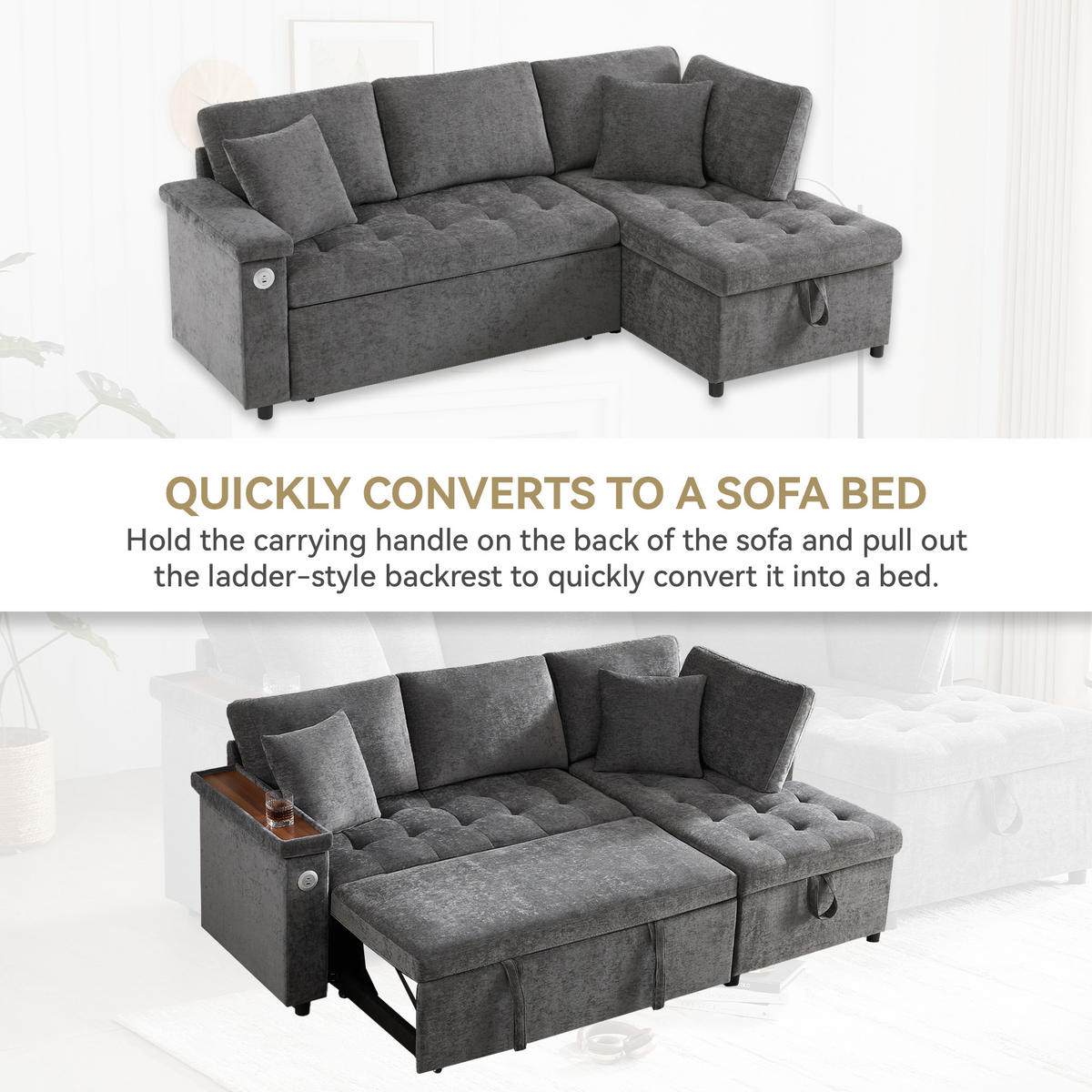 SCHLAFSOFA 209x130x84 cm aus Chenille L-förmiges 3-Sitzer, Dunkelgrau - Dunkelgrau, Textil (130/209cm) - Luhomfu