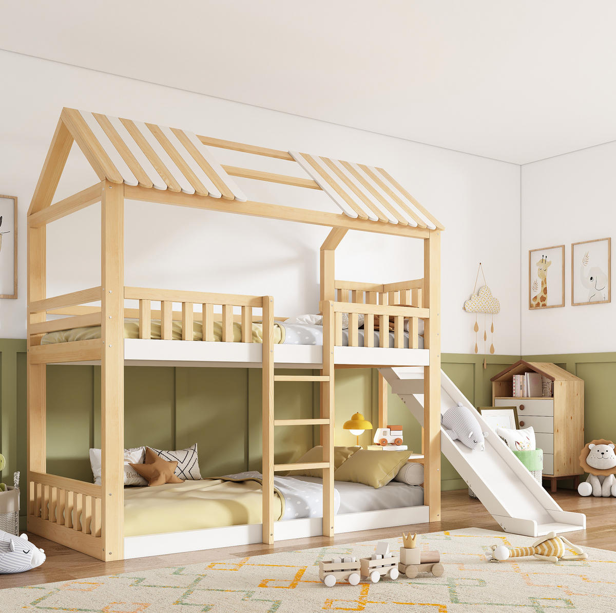 PATROVÁ postel 90/200 cm bílá a přírodní z borovice s regálem a skluzavkou - přírodní, kompozitní dřevo (90/200cm) - OKWISH