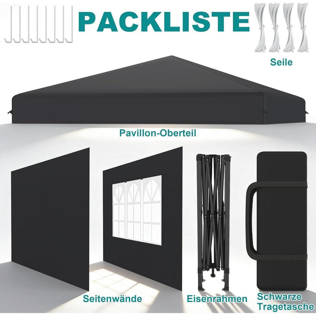 FALTPAVILLON 300 x 300 cm Anthrazit mit Seitenwänden - Anthrazit, Textil (300/260/300cm)
