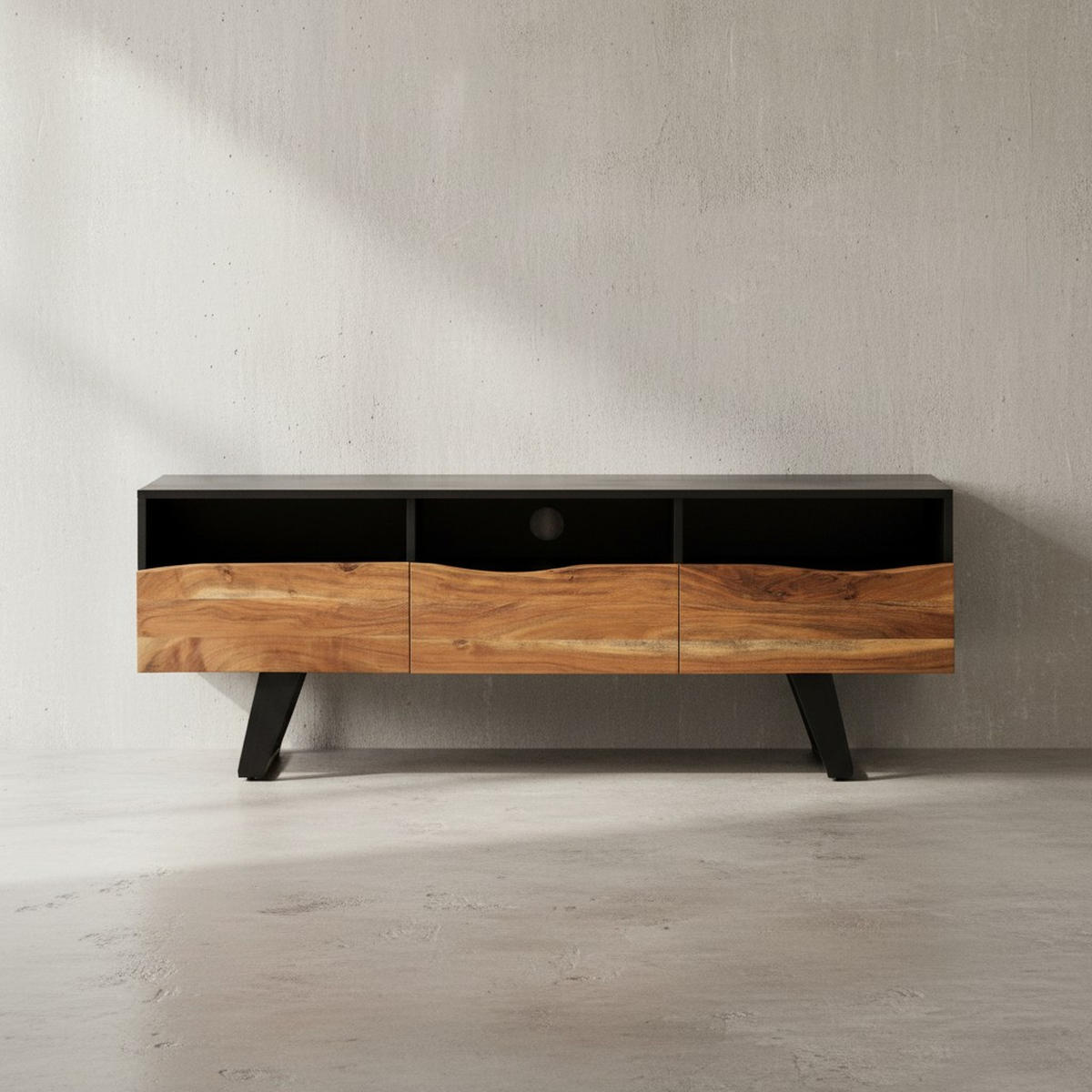 LOWBOARD Akazie Massivholz Modern Stil 140x50x40 cm Baumkante mit Schublade und Türen - Schwarz, Holz/Metall (140/50/40cm) - KADIMA DESIGN