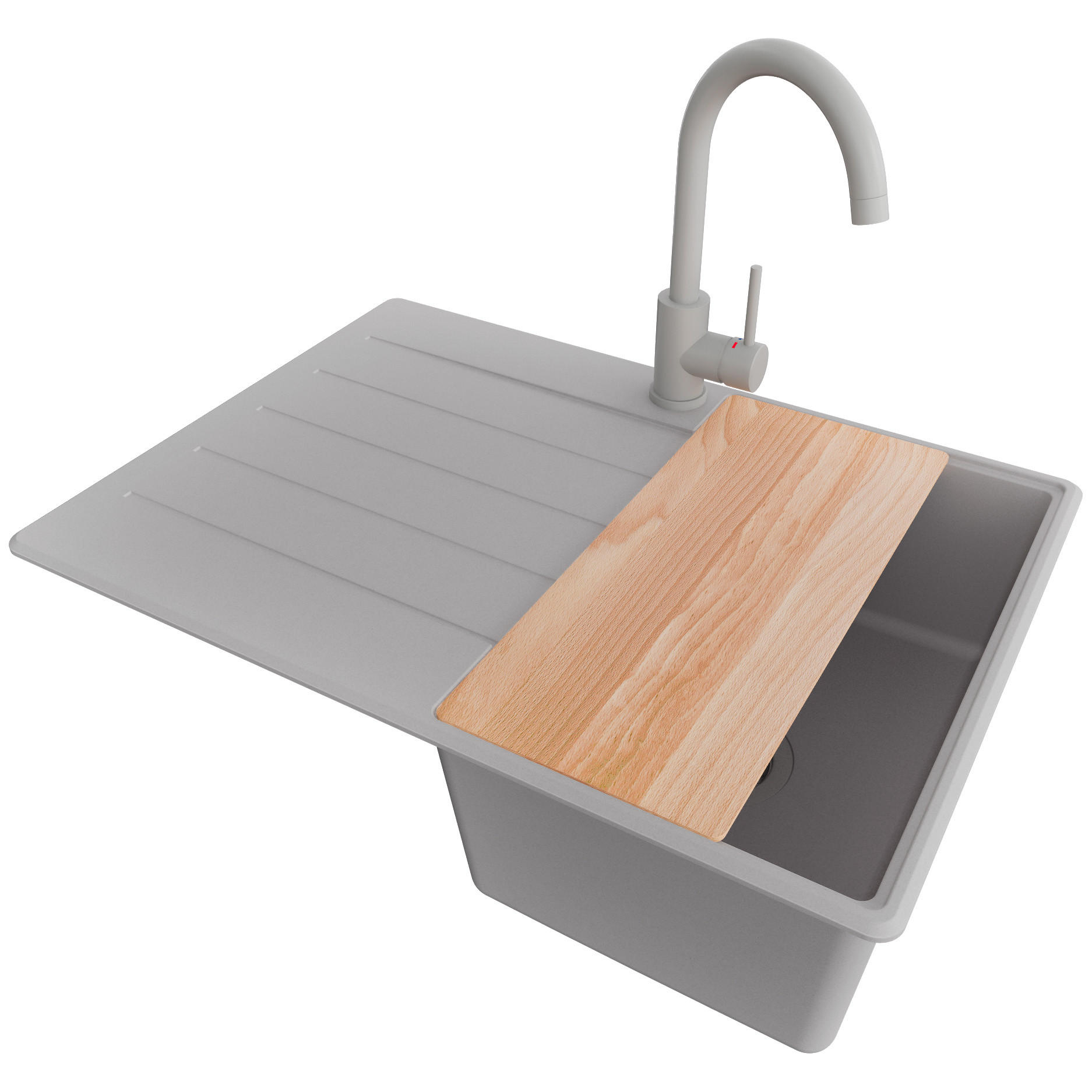 GRANITSPÜLE Kopenhagen, 2-er set Grau 70/50 cm 1 Becken + Küchenarmatur 32/20 cm + Ablauf-Set + Schneidebrett ab 40er Unterschrank - Beige/Grau, Kunststoff (70/20/50cm) - Primagran