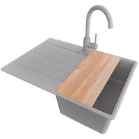 GRANITSPÜLE Kopenhagen, 2-er set Grau 70/50 cm 1 Becken + Küchenarmatur 32/20 cm + Ablauf-Set + Schneidebrett ab 40er Unterschrank - Beige/Grau, Kunststoff (70/20/50cm) - Primagran