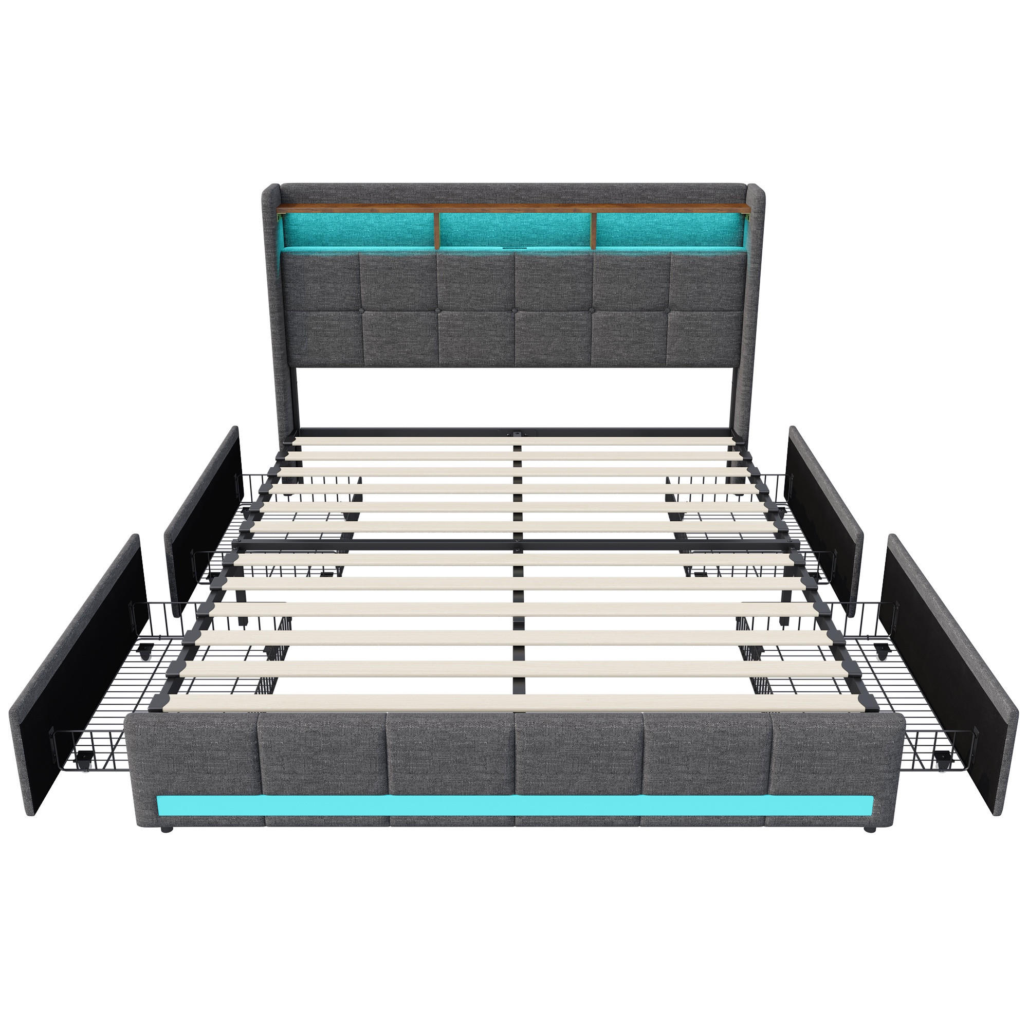 POLSTERBETT 140x200cm - Doppelbett mit 4 Schubladen - RGB-LED-Beleuchtung Ladestation - ohne Matratze - Grau - Grau, Textil (140/200cm) - DELFA
