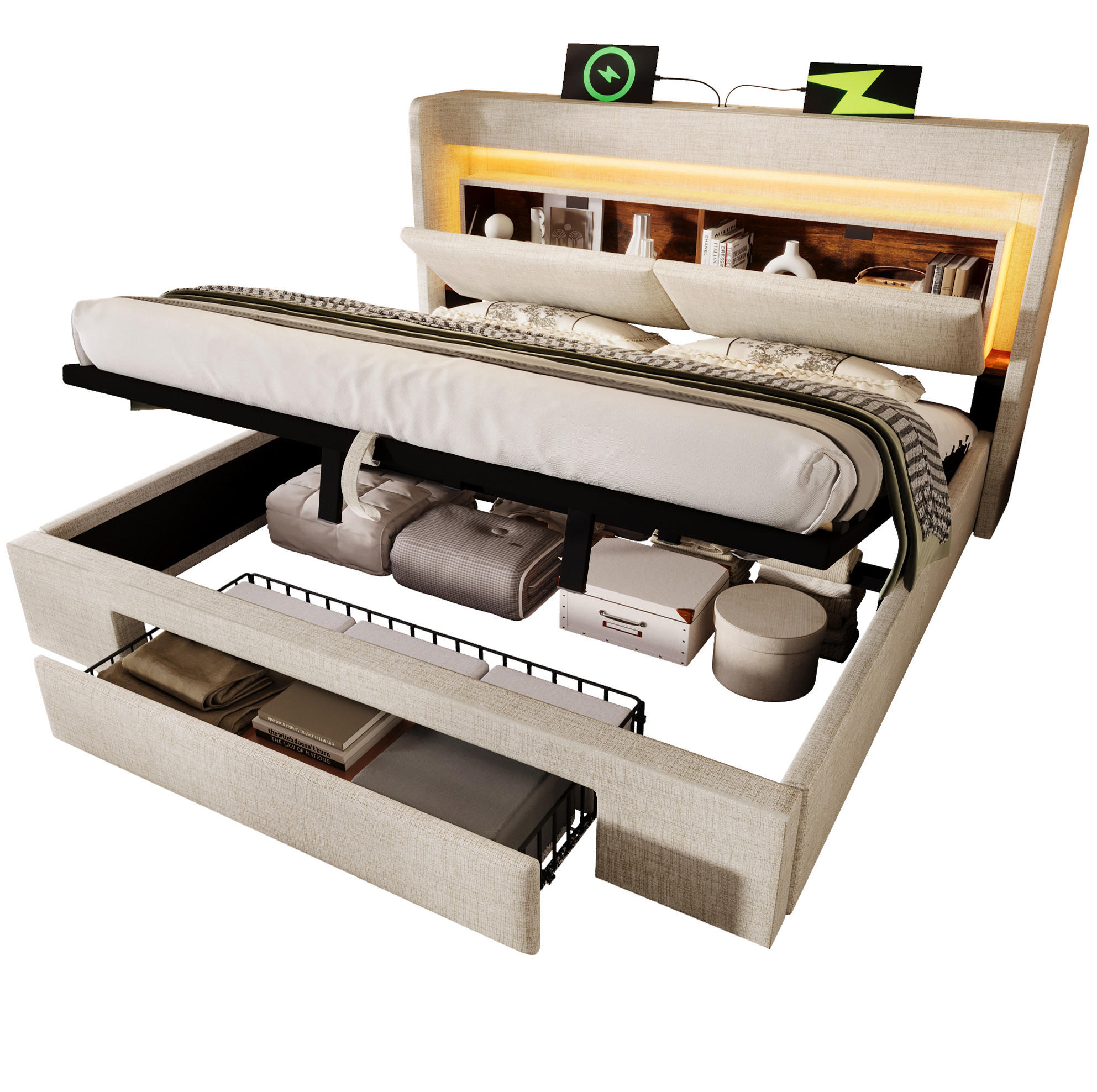 POLSTERBETT 140/200 cm Beige aus Leinen mit LED und Stauraum - Beige, Textil (140/200cm) - OKMYHOME