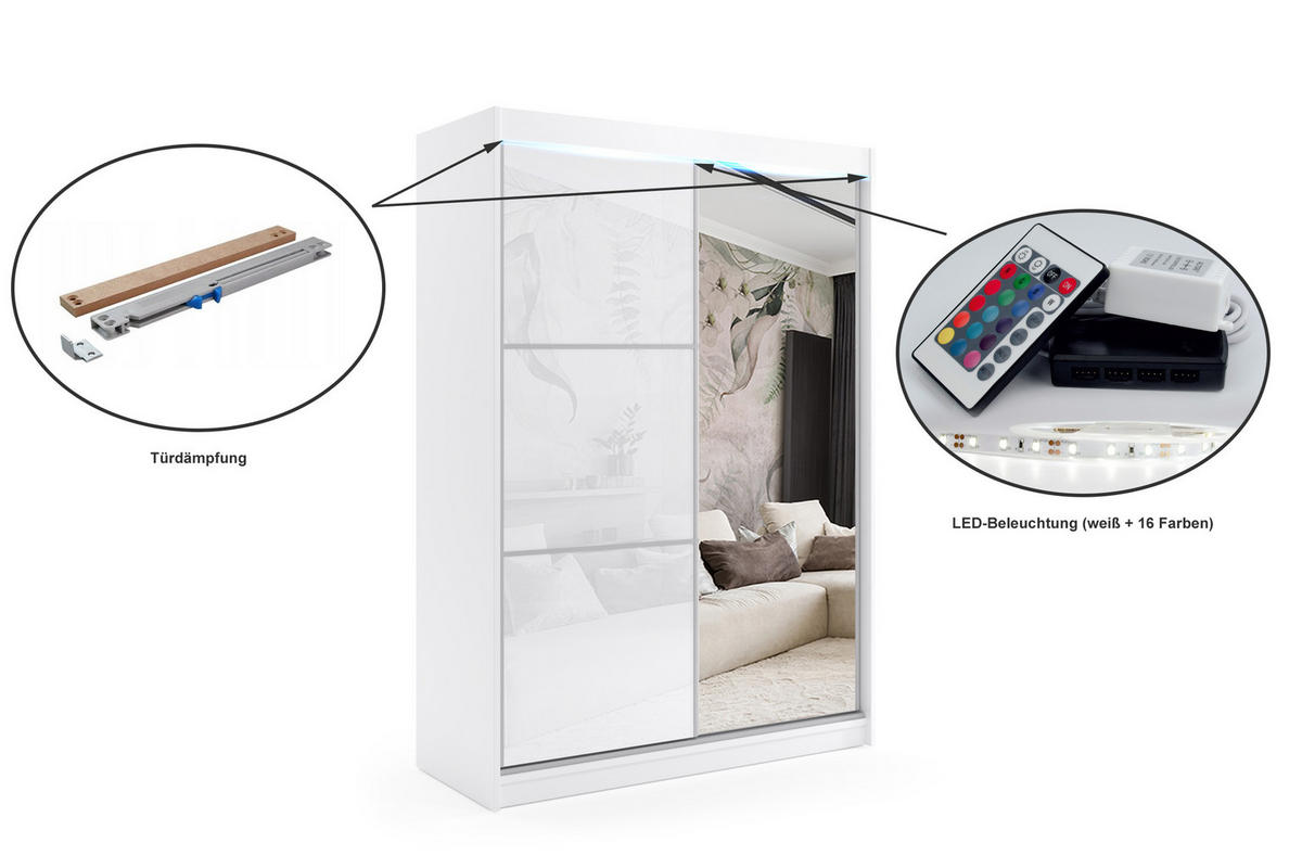KLEIDERSCHRANK mit Spiegel-Schiebetüren und Aluminium-Leisten, LED-Beleuchtung - VIVONA - 160 cm Weiß - Weiß, Holzwerkstoff (160/216/61cm) - ALTDECOR
