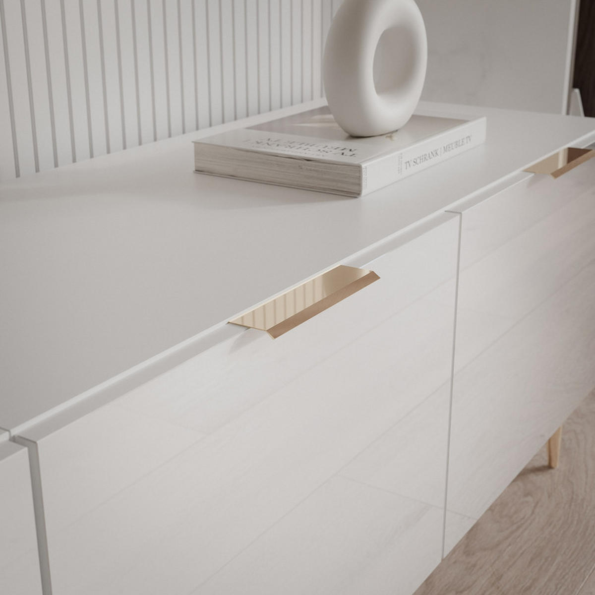 TV skříňka ANGEL 300 cm na nožkách s osvětlením BÍLÝ VYSOKÝ LESK - bílá, kompozitní dřevo (300/49/40cm) - Idohome