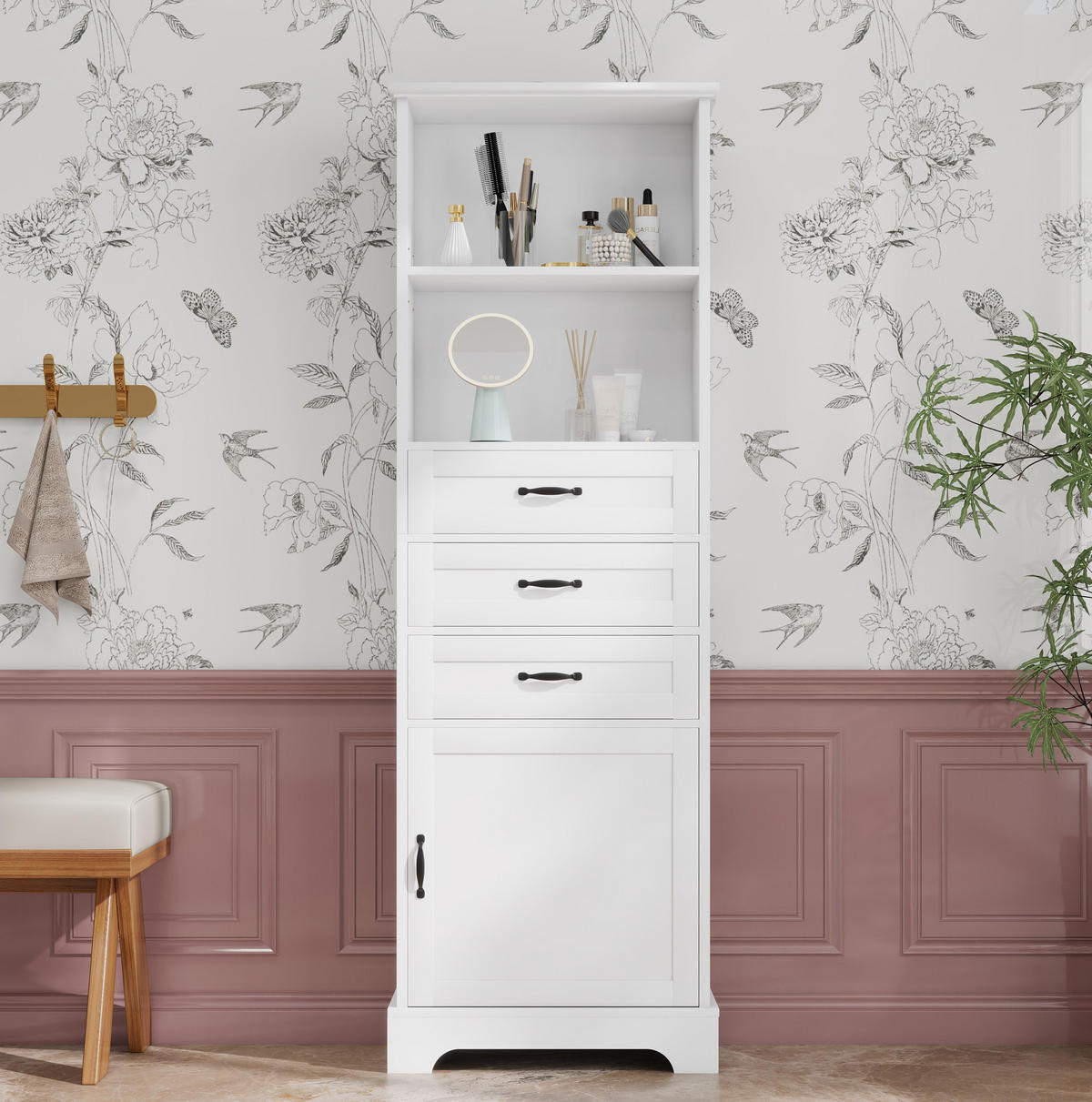BADEZIMMERSCHRANK 56 x 25,6 x 167 cm Weiß MDF - Weiß, Holzwerkstoff (25.6/167/56cm) - Beauniv