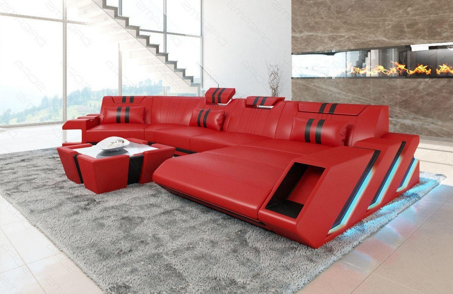 Thumbnail - Sofa Dreams Wohnlandschaft, Rot, Leder, Ottomane links,Freiform, 420x78x190 cm, Wohnzimmer, Sofas & Couches, Wohnlandsch...