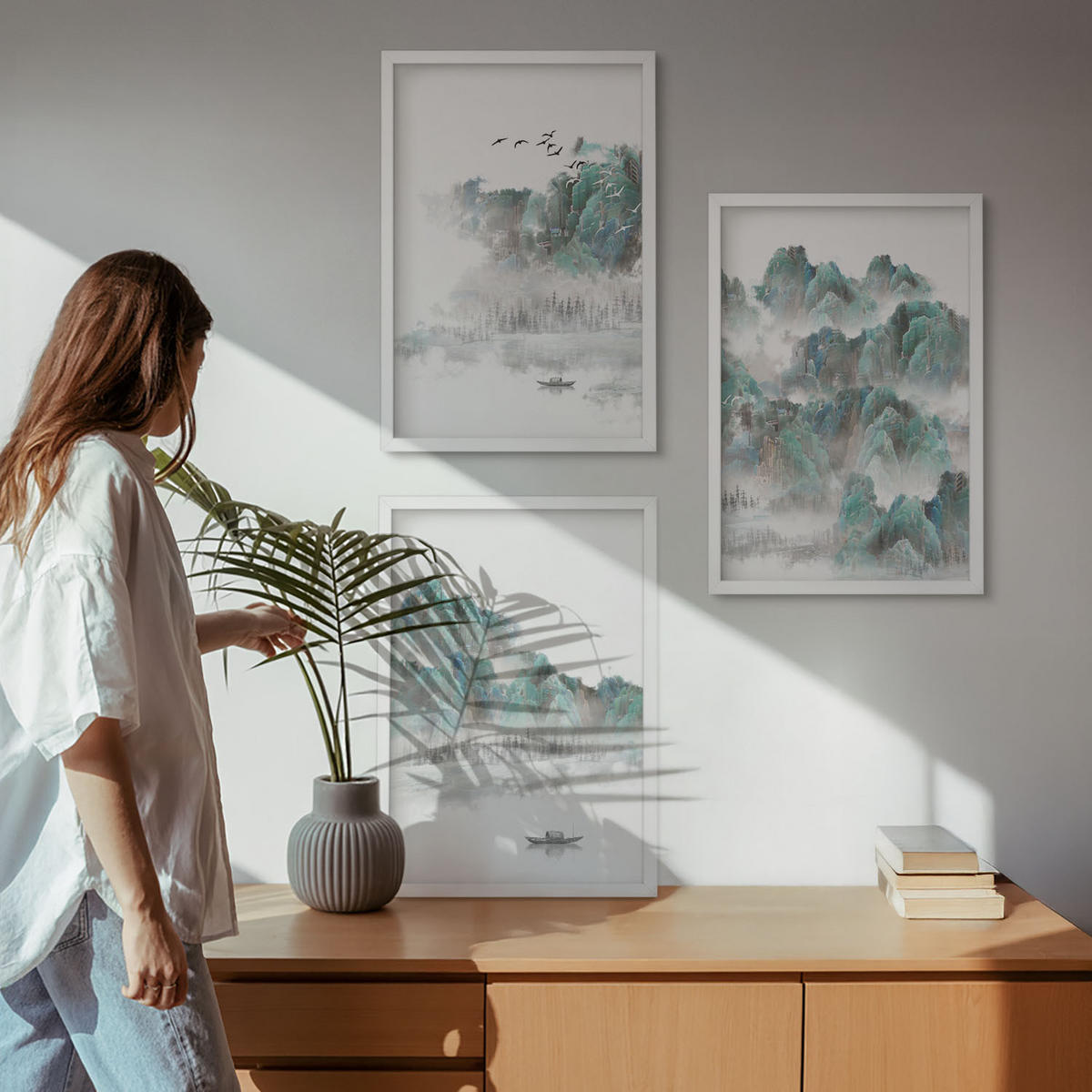 WANDBILDER 3er-Set - 40x60 cm Weißer Rahmen - Berge, Wolken, Vögel, Boot, Japandi - Weiß, Kunststoff (40/60cm) - ArtPrintCave