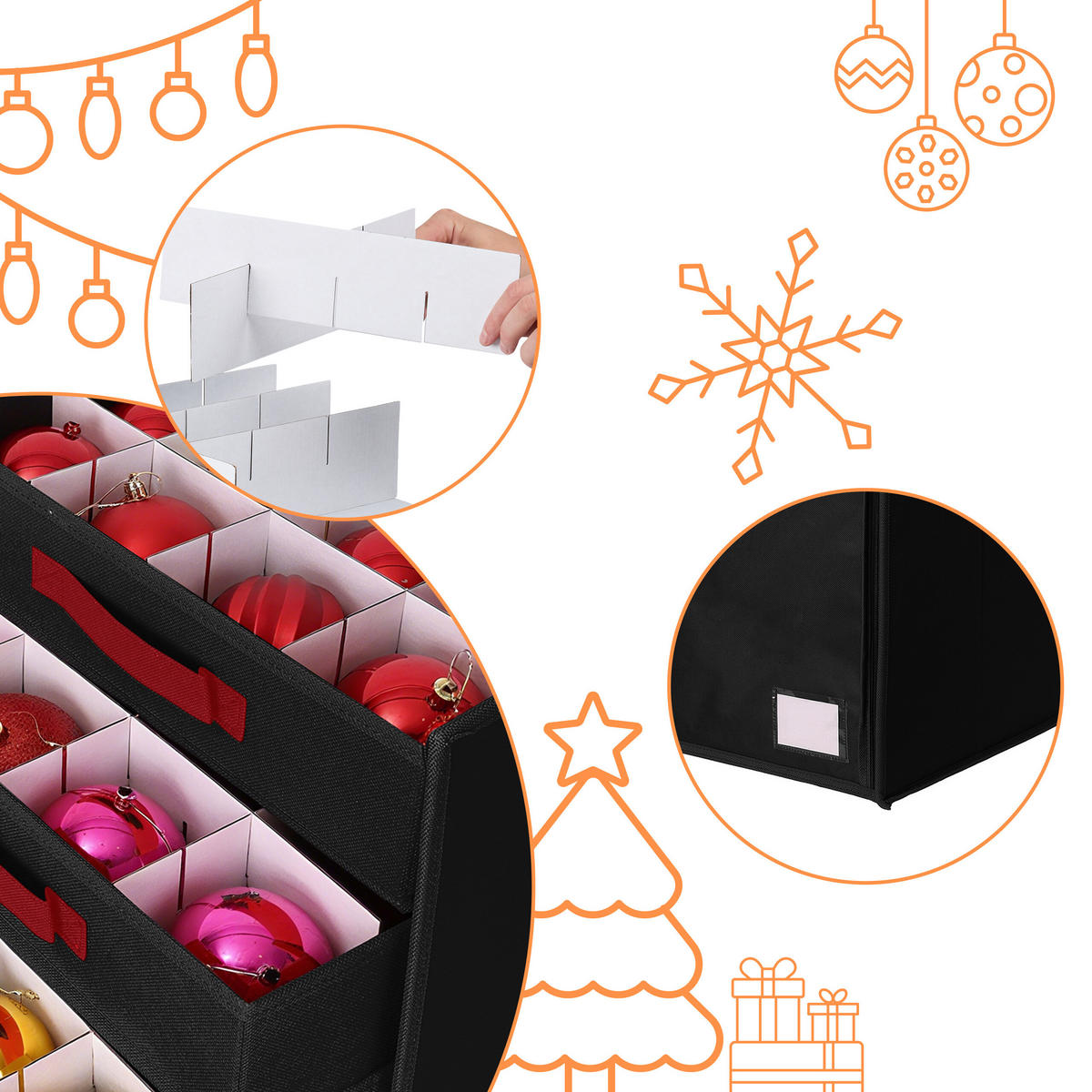 WEIHNACHTSKUGEL-AUFBEWAHRUNGSBOX - Schwarz, Wellpappe/Textil (73/40/36.5cm) - Relaxdays