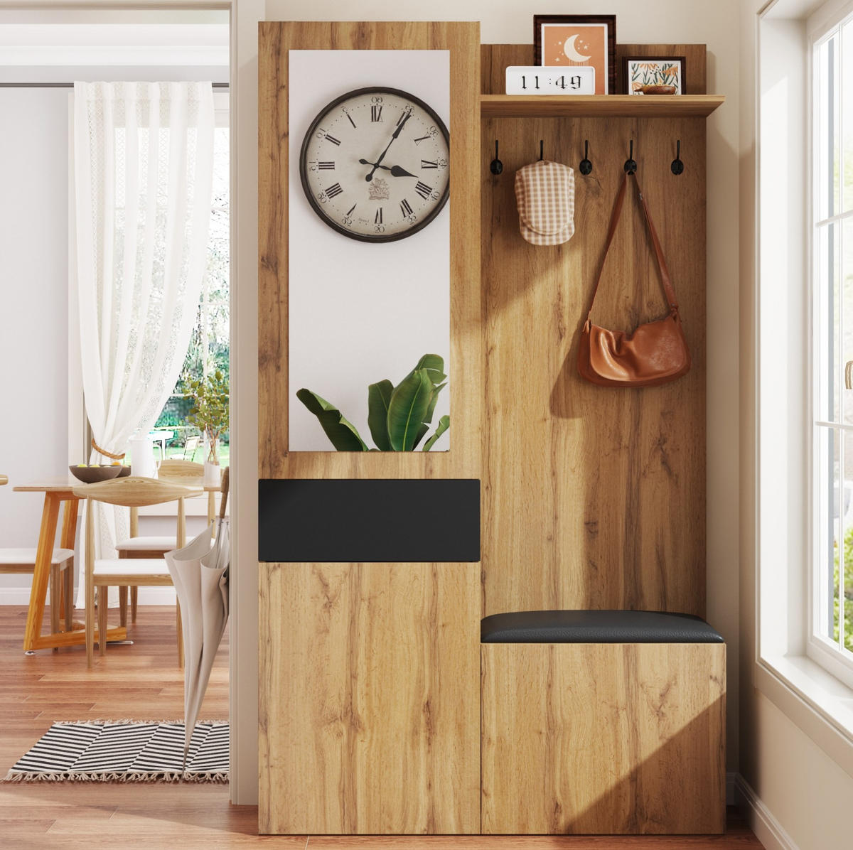 GARDEROBE 98,5/191/38 cm Schwarz/Natur aus MDF mit Spiegel - Schwarz, Holzwerkstoff (38/191/98.5cm) - OKMYHOME