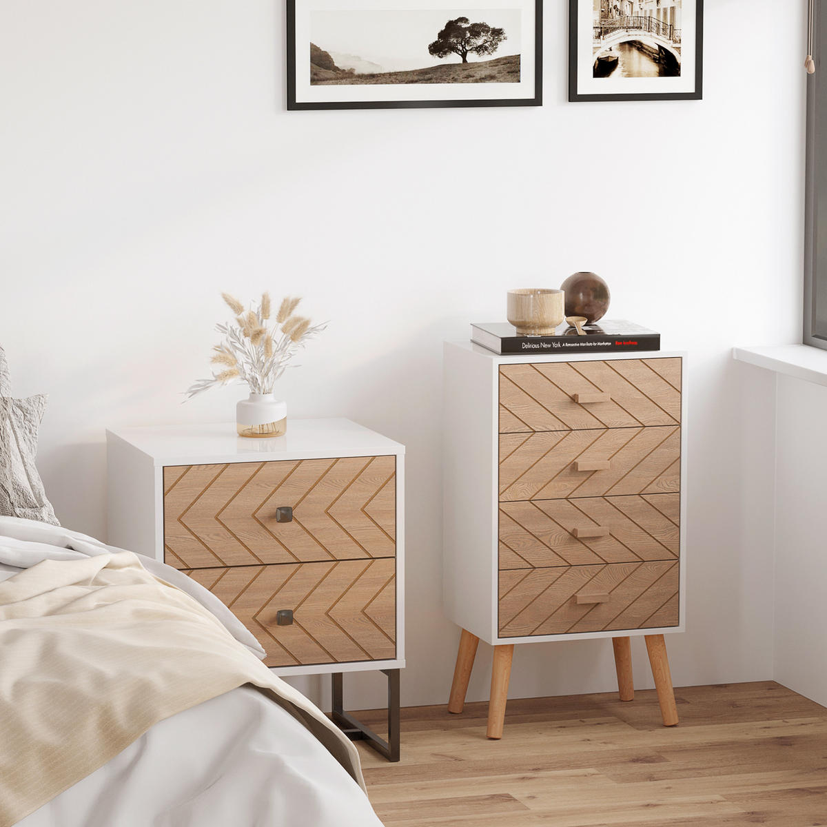 NACHTTISCH Weiß Buche MDF Holz 4 Schubladen - Weiß, Holz (40/75/30cm) - PANGIVO