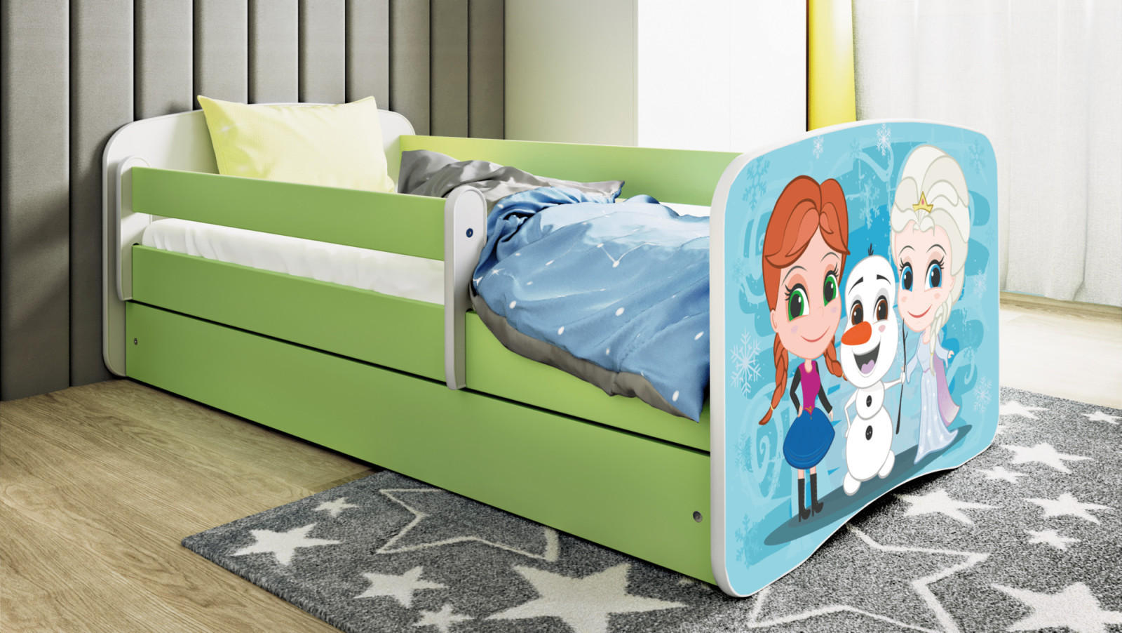 KINDERBETT Winterschwestern 70x140 cm mit Schublade, Rausfallschutz & Lattenrost, Grün - Grün, Holzwerkstoff (70/140cm) - RAUMHIRSCH FURNITURE