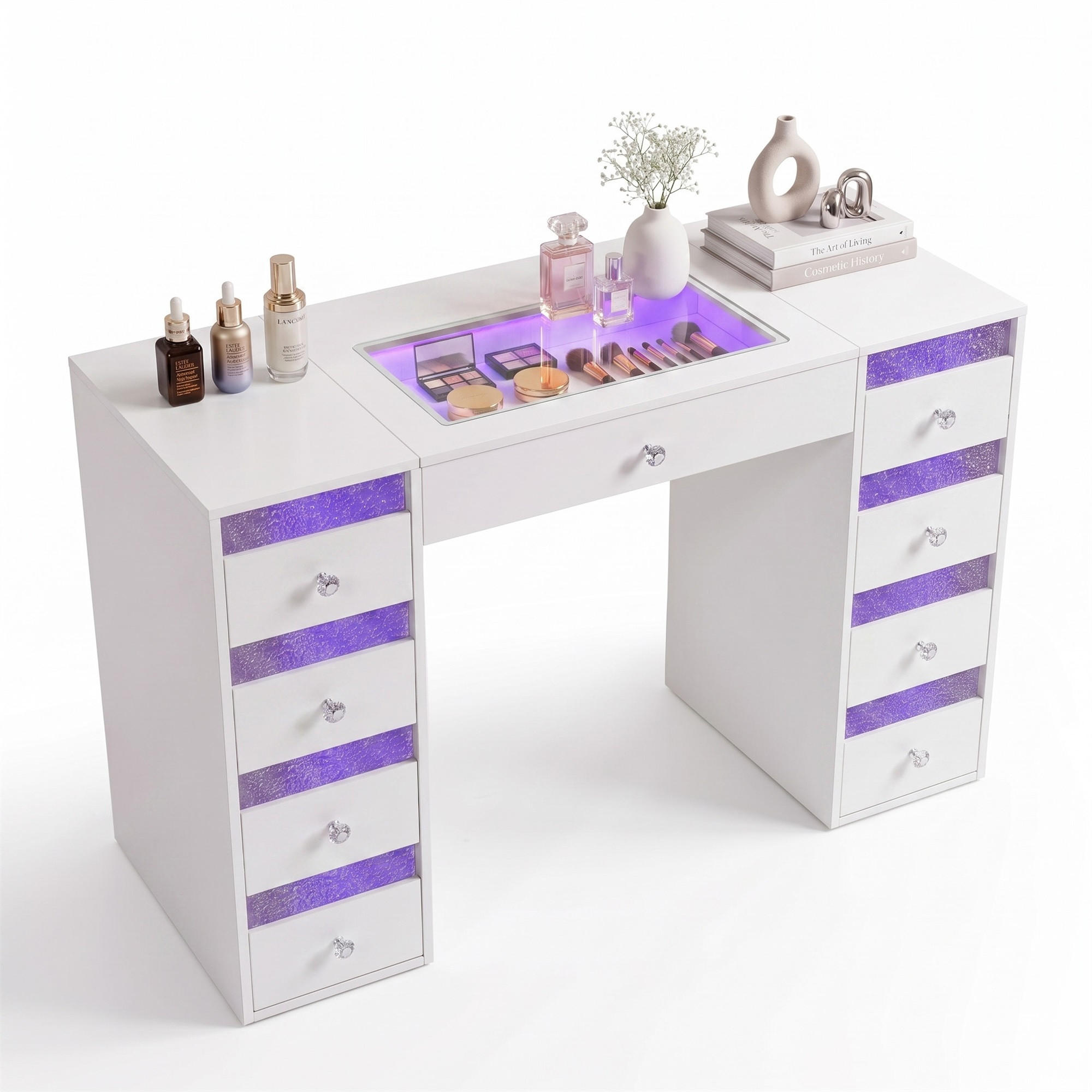 SCHMINKTISCH mit Beleuchtung 9 Schubladen Weiβ 130/55/81 CM - Weiß, Metall (130/81/55cm) - VANITII