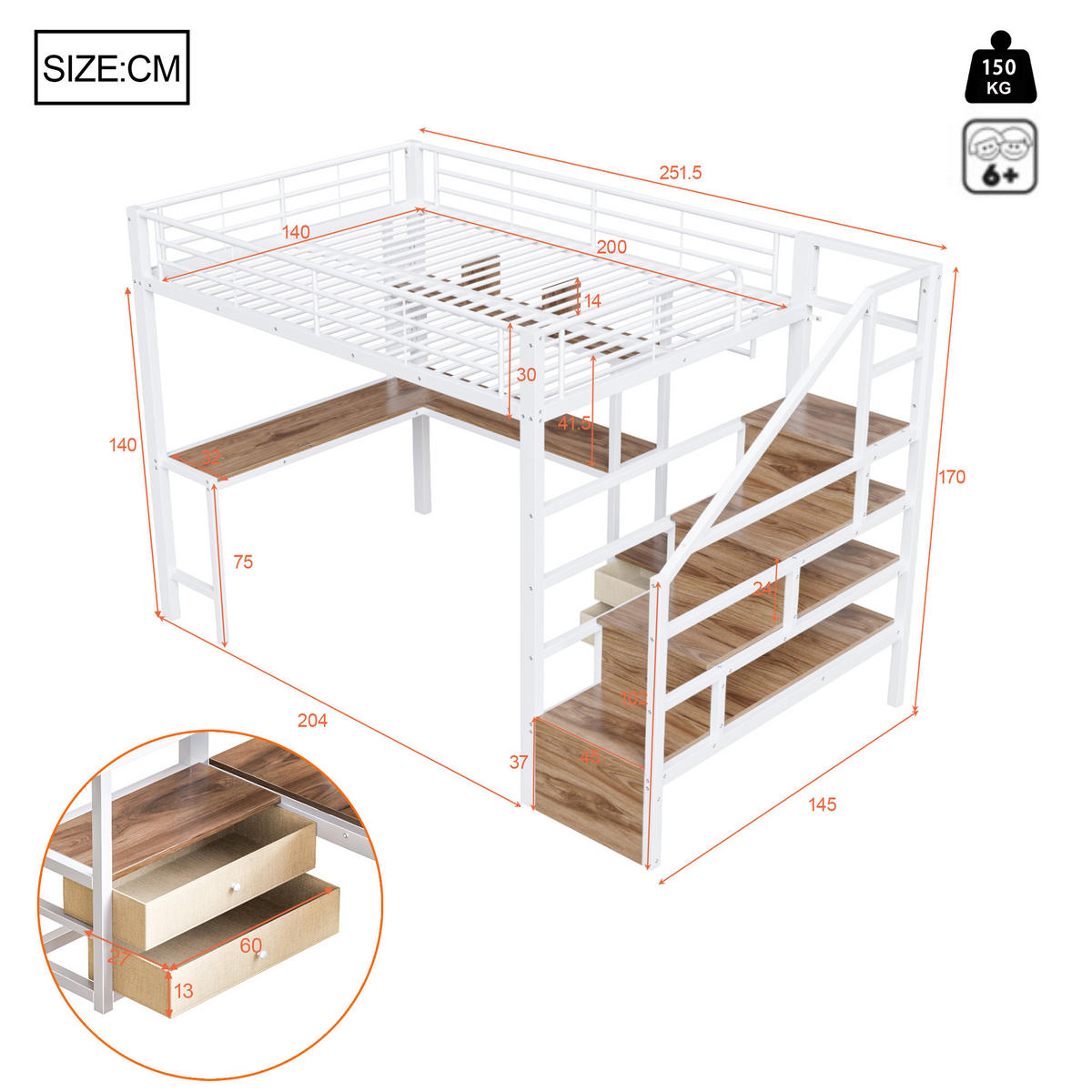HOCHBETT 140/200 cm mit Eisenrahmen Weiß, Schreibtisch, Stauraumtreppe und LED-Licht - Weiß, Metall
