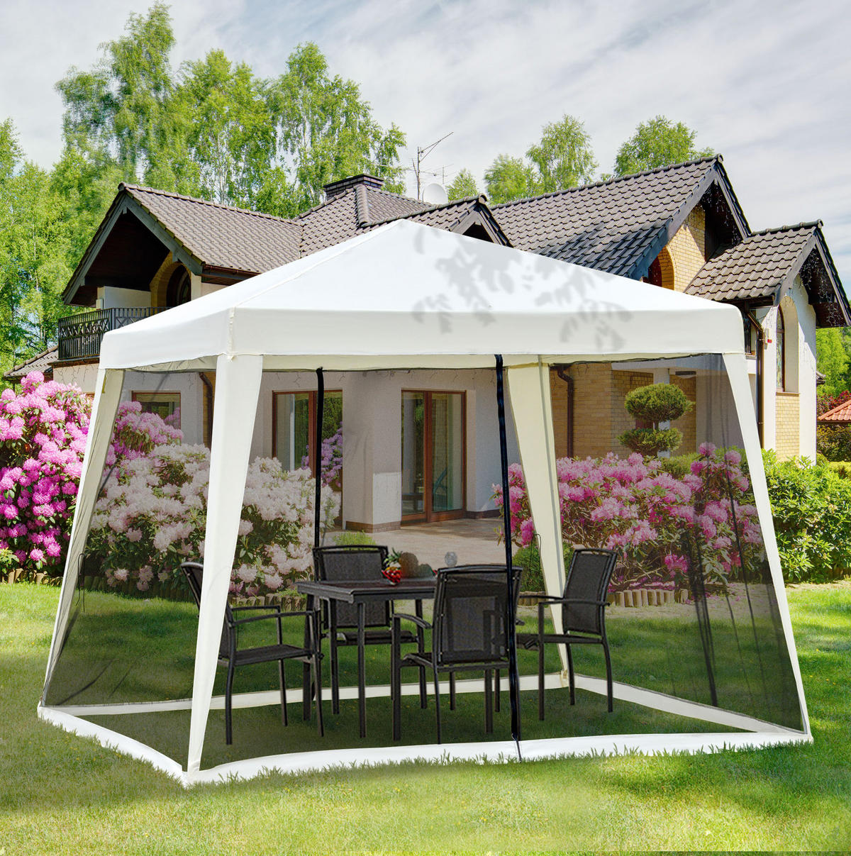 GARTENPAVILLON 300/300/245 cm mit Moskitonetz, wasserabweisendem Polyesterdach und Stahlgestell, Cremeweiß - Weiß, Metall (300/245/300cm) - Redom