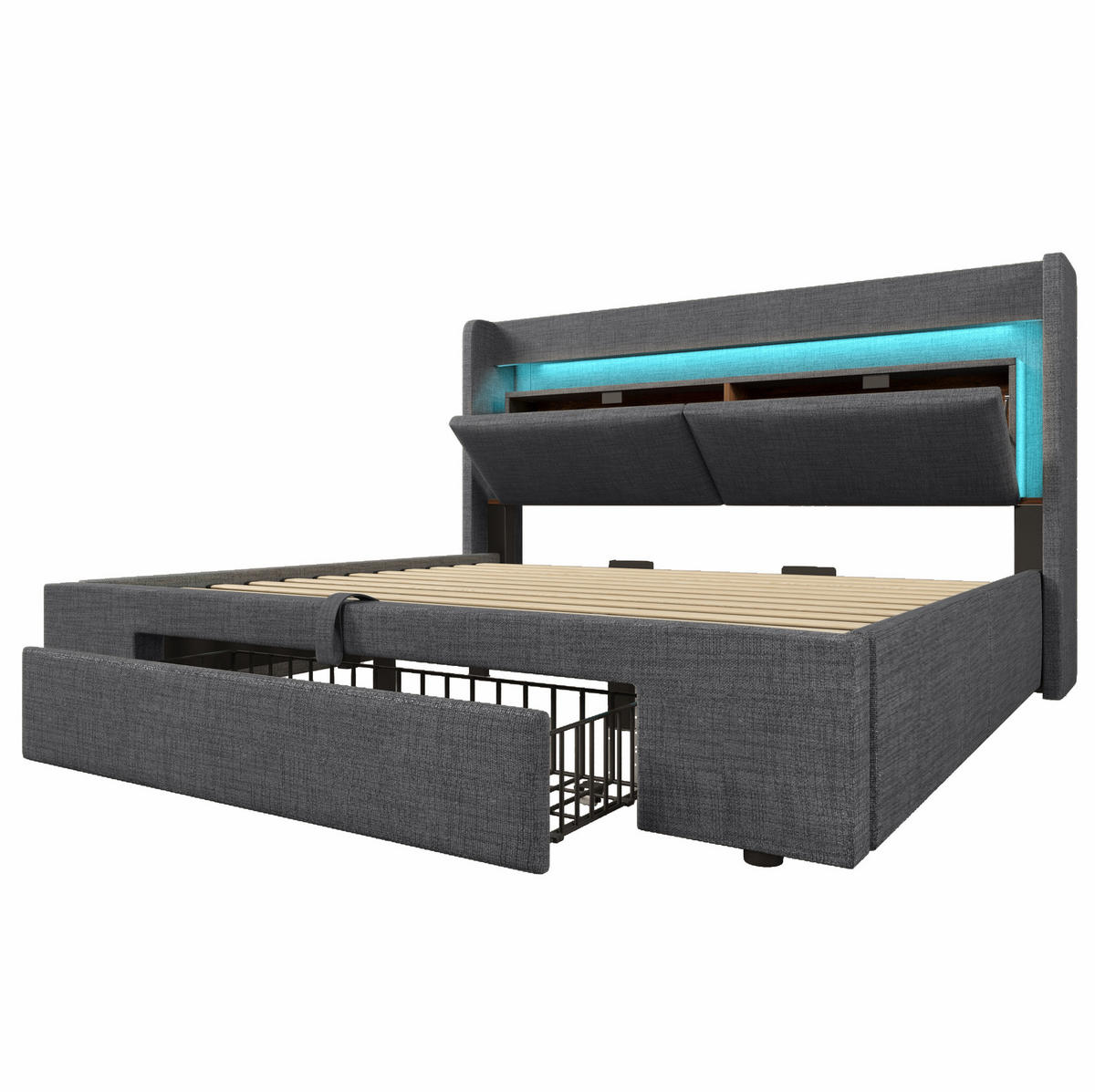 ČALÚNENÁ posteľ 180/200 cm s hydraulickým úložným priestorom, LED osvetlením a USB/USB-C, Sivá - sivá, textil (180/200cm) - Redom