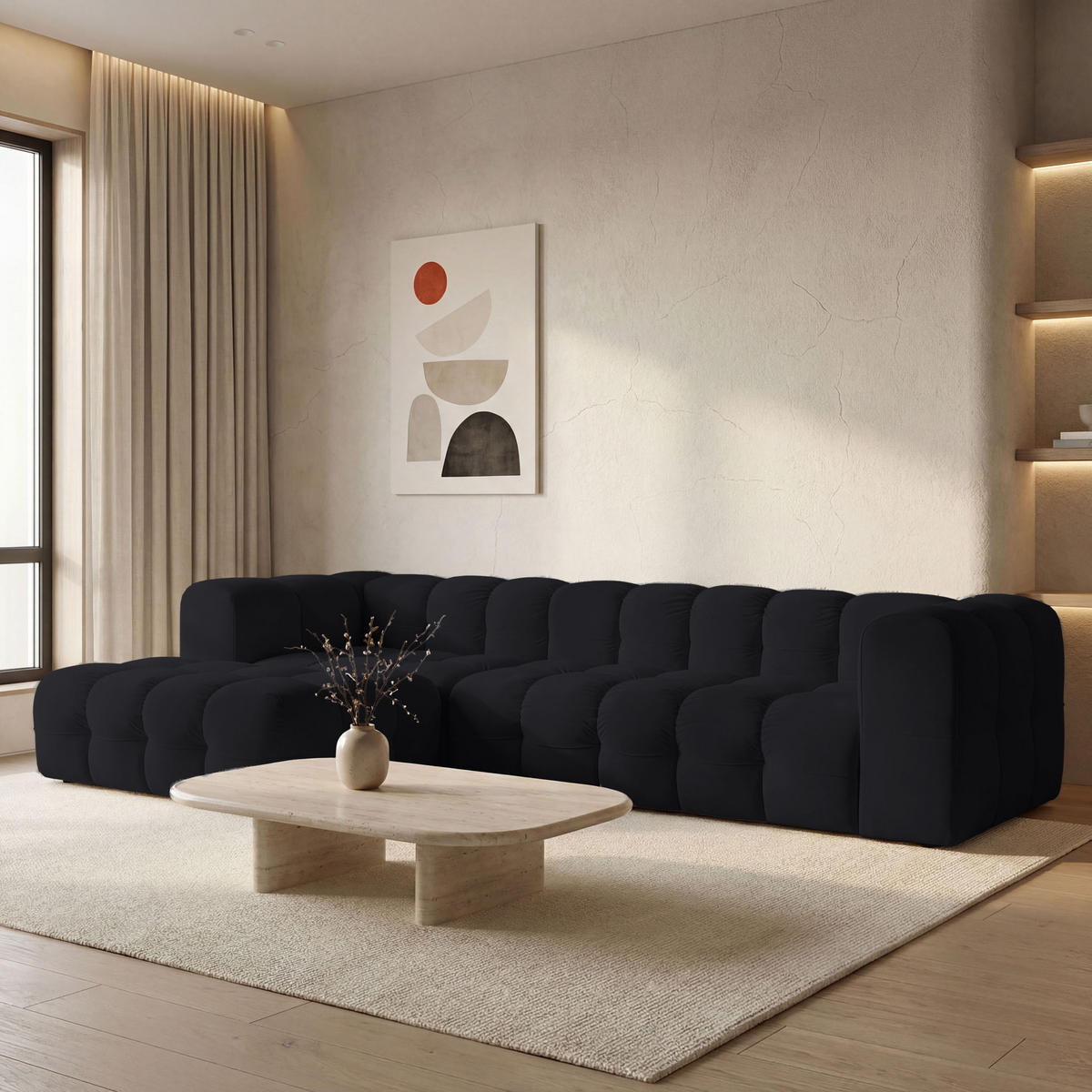 ECKSOFA Mochi L-Form 5-Sitzer Links, Samt, Schwarz 290/75/193 cm - Schwarz Hochglanz/Schwarz, Kunststoff/Textil (290/193cm) - WFL GROUP