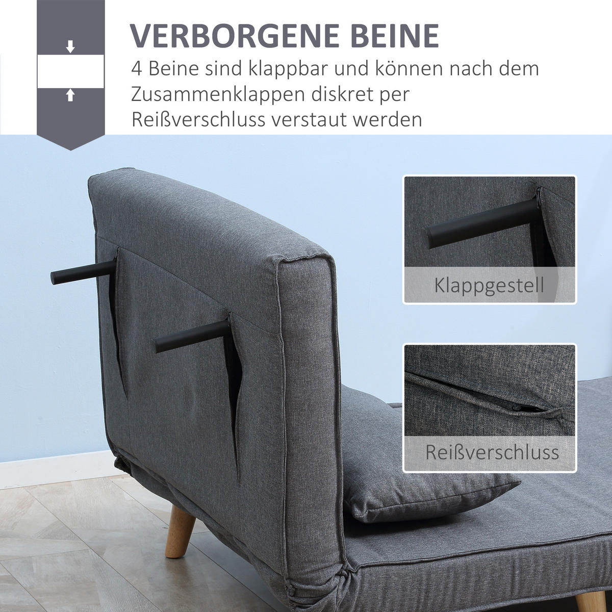 EINZELSOFA Sofabett Klappsofa verstellbar Rückenlehne nordisch skandinavisch - Naturfarben/Grau, Holz/Textil (78/80/94cm) - HOMCOM