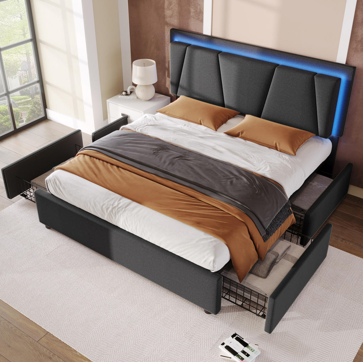 BETT mit LED und 4 Schubladen 140x200 cm Grau - Grau, Holz (140/200cm) - Meubliv
