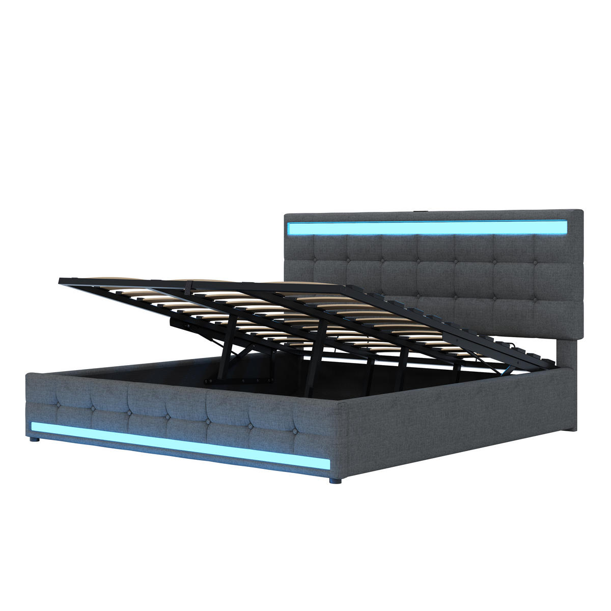 POLSTERBETT aus Leinen 180x200 cm in Grau mit LED-Beleuchtung & USB-Anschlüssen - Grau, Textil (180/200cm) - Modfu