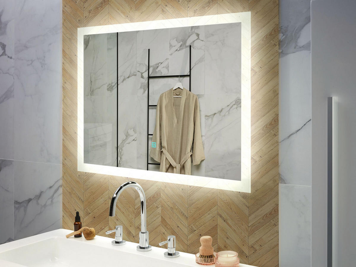 BADSPIEGEL mit LED-Beleuchtung rechteckig 80/60 cm Adour - Silberfarben, Kunststoff (80/60/4cm) - Beliani