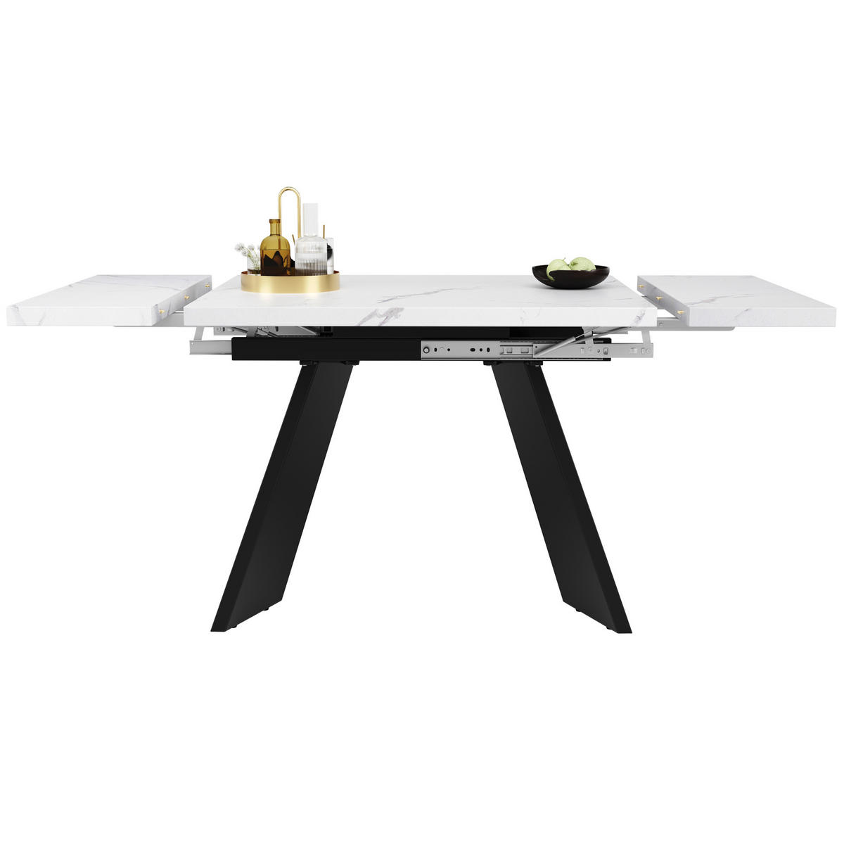 ESSTISCH 99-159x74x77 cm in Weiß und Schwarz aus MDF mit Marmoroptik auf Carbonstahl-Beinen ausziehbar - Weiß, Holzwerkstoff (74/159/77cm) - Modfu