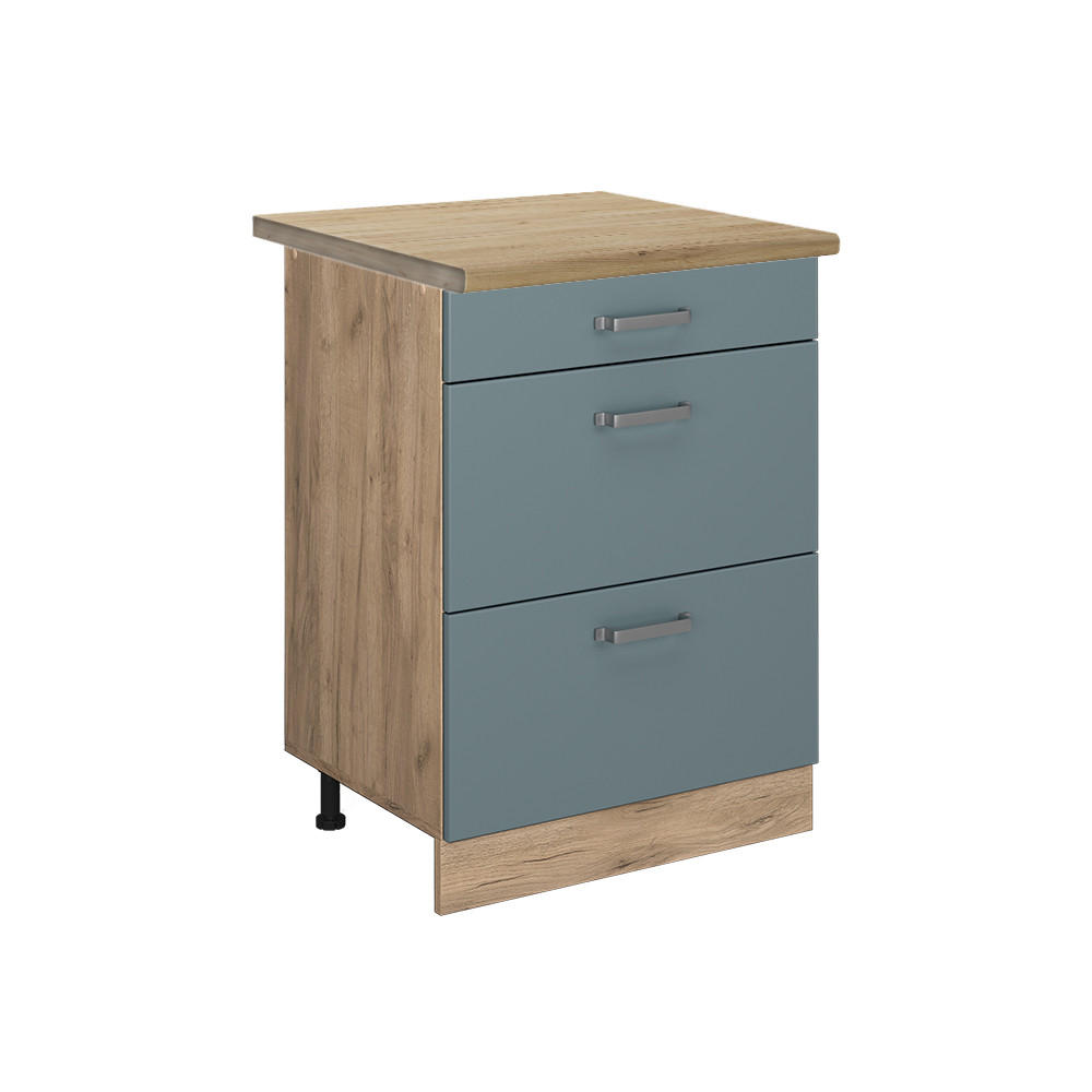 KÜCHENUNTERSCHRANK R-Line Blau-Grau 60 cm mit Schubladen, AP Eiche - Eiche Wotan/Blaugrau, Holzwerkstoff (60/81.6/60cm) - Vicco