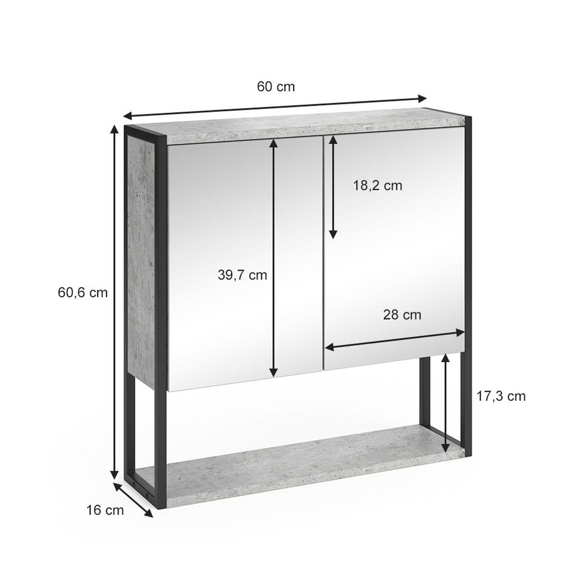 BADSPIEGELSCHRANK Fyrk Beton 60 x 60.6 cm - Grau, Holzwerkstoff (60/60.6/16cm) - Vicco