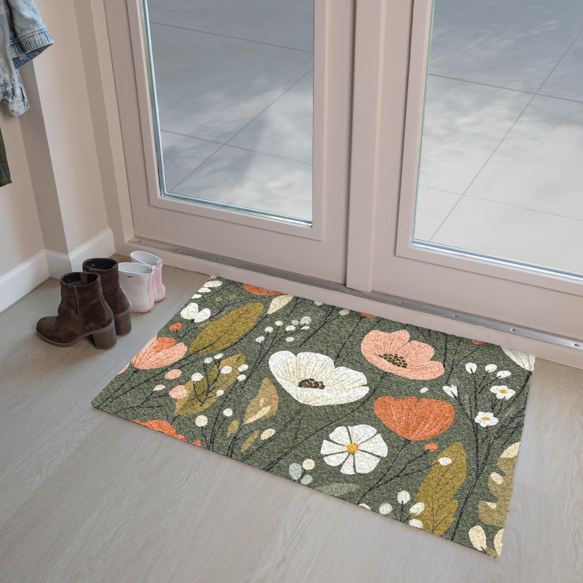 FUSSMATTE Blumen - Illustration - Grün 90x60 cm - Dunkelgrün, Kunststoff (90/0.4cm) - MuchoWow