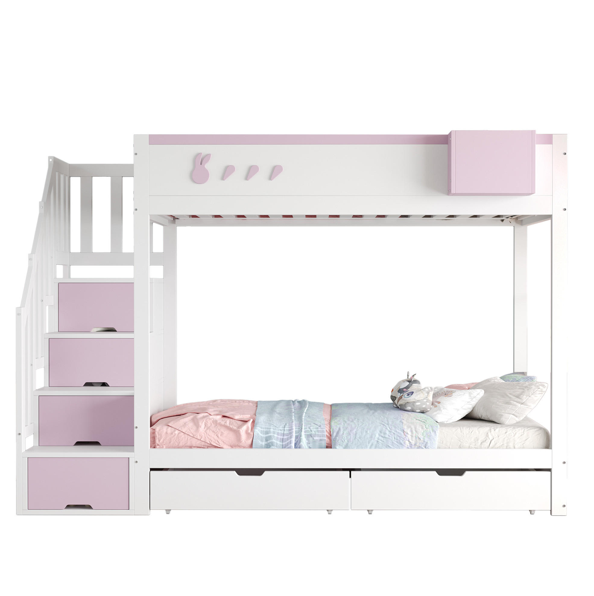 ETAGENBETT 90/200 cm mit Stauraumleiter, Schubladen und abnehmbarem Ablagefach, Weiß/Rosa - Weiß, Holzwerkstoff (90/200cm) - Redom