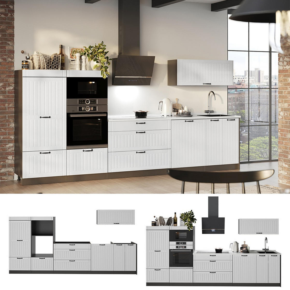 KÜCHENZEILE Fame-Line, Weiß Landhaus/Anthrazit, 340 cm, AP Marmor - Anthrazit/Weiß, Holzwerkstoff (340/153.6/60cm) - Vicco