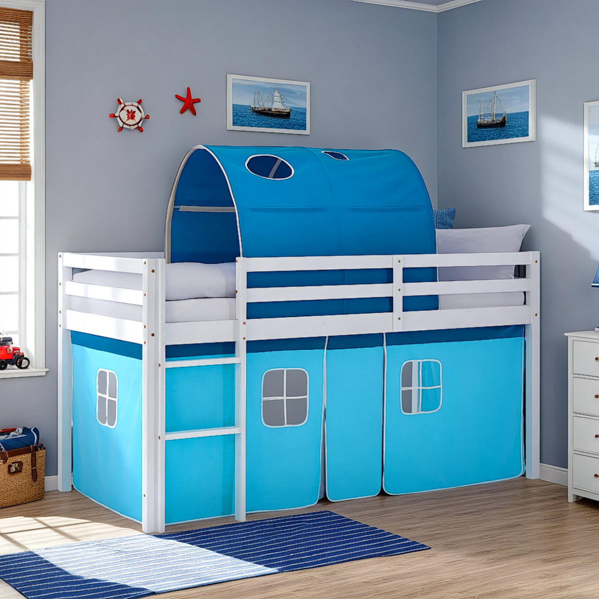 HOCHBETT blau 90/200 cm in weiß mit Matratze + Lattenrost - Blau/Weiß, Holz/Textil (90/200cm) - Homestyle4u