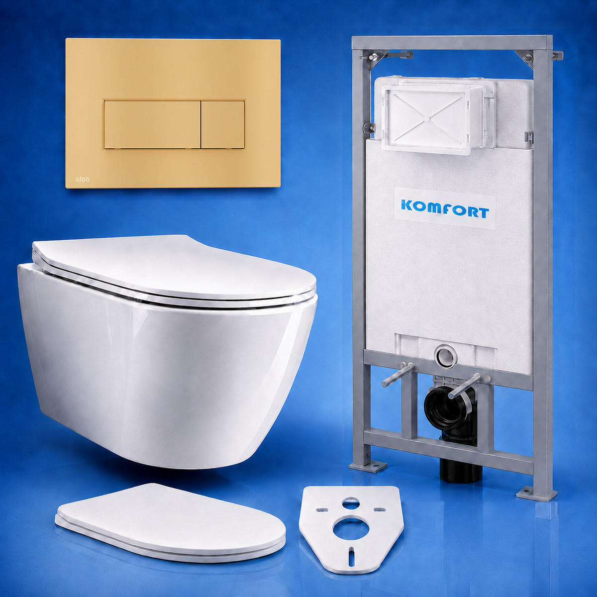 WC-SET ROLO Weiß, Slim-Sitz, Vorwandelement und Betätigungsplatte M57-G-M Gold THIN - Weiß, Keramik (53/119.5/48.5cm) - bad land