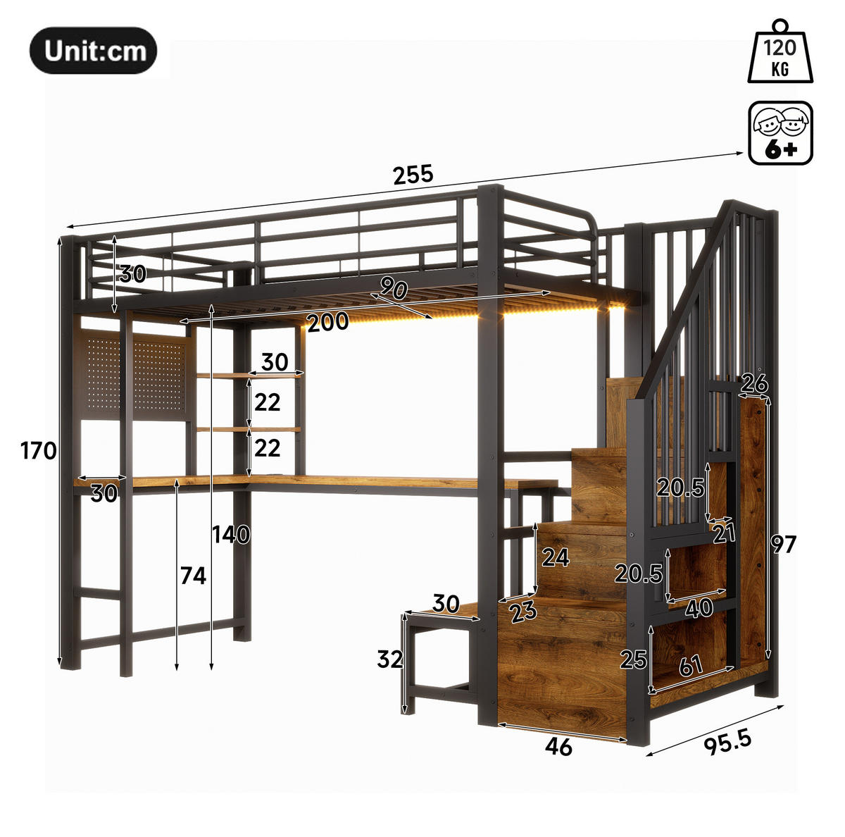HOCHBETT Metall/MDF 90x200 cm Schwarz mit Schreibtisch, Stauraumtreppe, LED, USB & USB-C - Schwarz, Holzwerkstoff (90/200cm) - Modfu