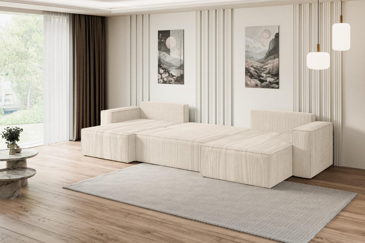 WOHNLANDSCHAFT mit Schlaffunktion und Bettkasten CELTIC-XLU - 377x143x83 cm Beige Cord - Beige/Schwarz, Holzwerkstoff/Kunststoff (377/83/143cm) - ALTDECOR