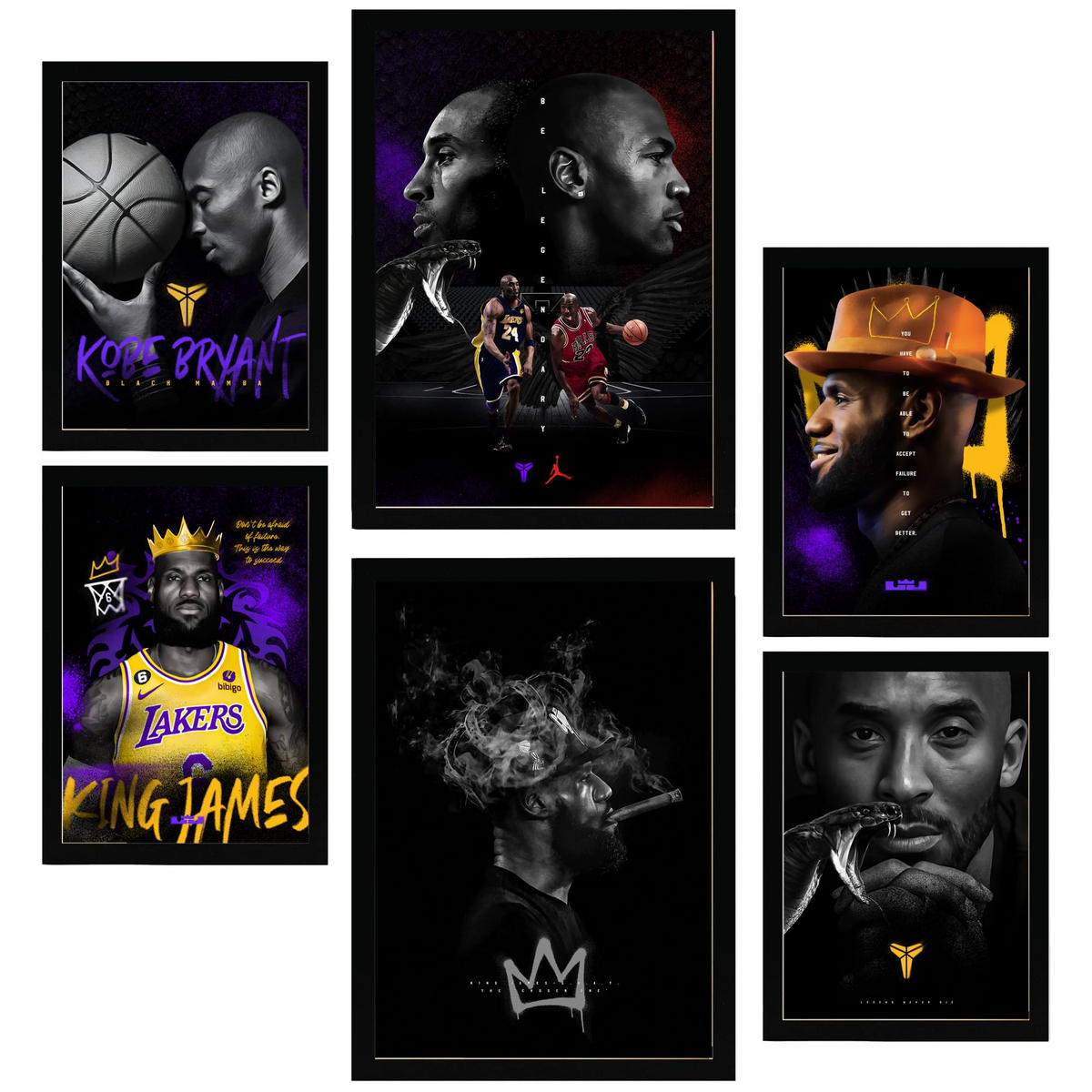 POSTER Set Mit 6 Der Ikonische Jordan Kobie Bryan A3 & A4 Schwarzer Rahmen - Schwarz, Papier (29/3cm) - Nacnic