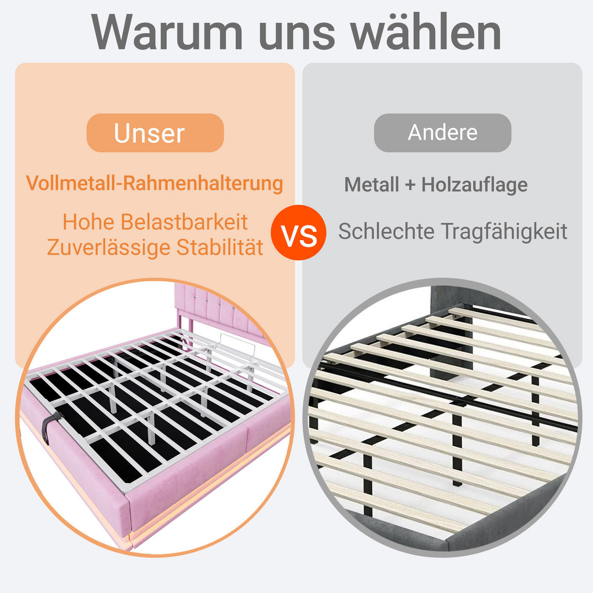 POLSTERBETT 180/200 cm in Pink Samt mit Stauraum, LED und USB - Rosa, Holzwerkstoff/Textil (180/200cm) - WISHDOR