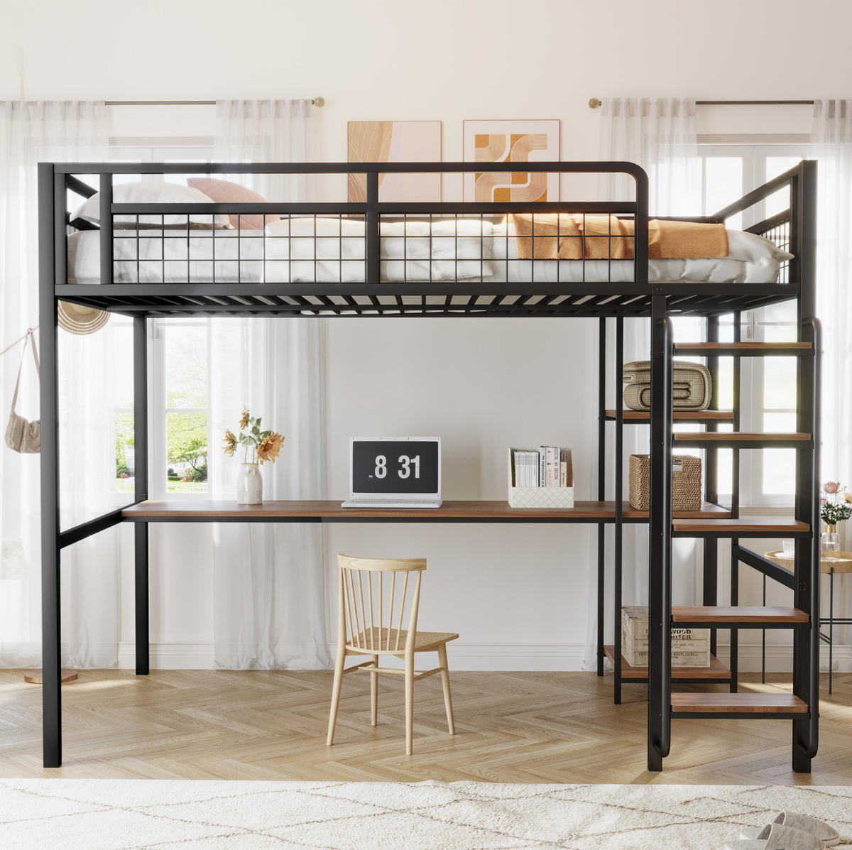 HOCHBETT 140/200 cm aus Metall und MDF mit Schreibtisch, Regal und Sicherheitsleiter Schwarz - Schwarz, Metall (140/200cm) - Modenvie