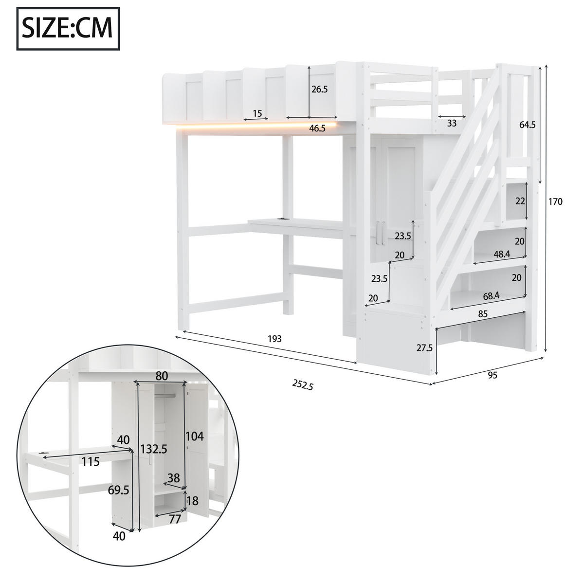 HOCHBETT 90/200 cm in Weiß mit Schreibtisch, Kleiderschrank, Regalen, Leiter mit Stauraum, LED und Steckdosen aus Holz - Weiß, Holzwerkstoff (90/200cm) - STILVORA